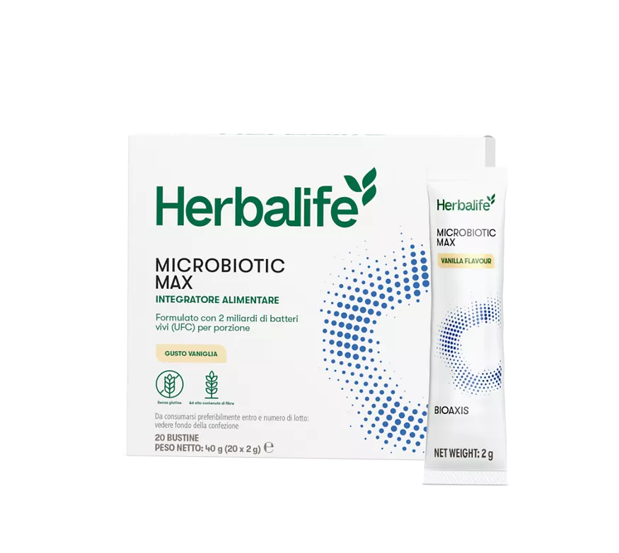 Confezione ufficiale italiana Microbiotic Max Herbalife gusto vaniglia, 20 bustine da 2 grammi