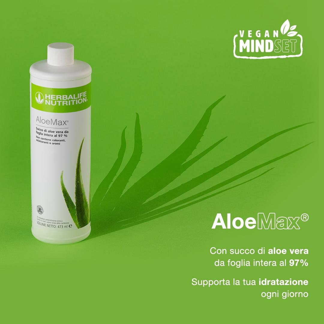 Flacone AloeMax Herbalife con etichetta italiana: succo di aloe vera da foglia intera al 97%