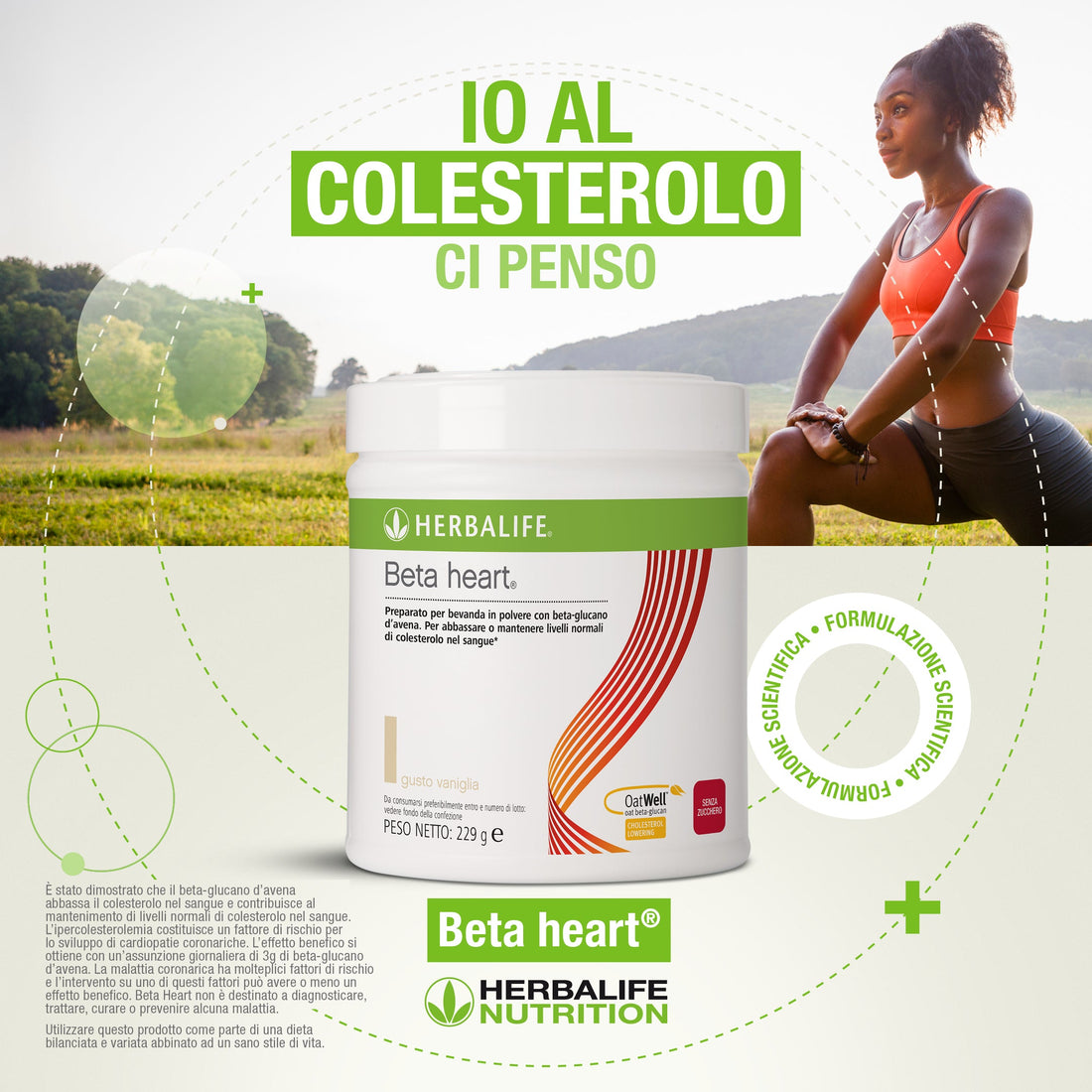 Sportiva all’aperto con confezione Beta Heart ed etichetta italiana originale, foto ufficiale Herbalife Italia
